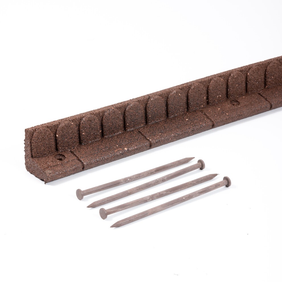 Brown lawn edging garden border made of durable material, featuring a textured design, accompanied by four matching stakes for secure installation.