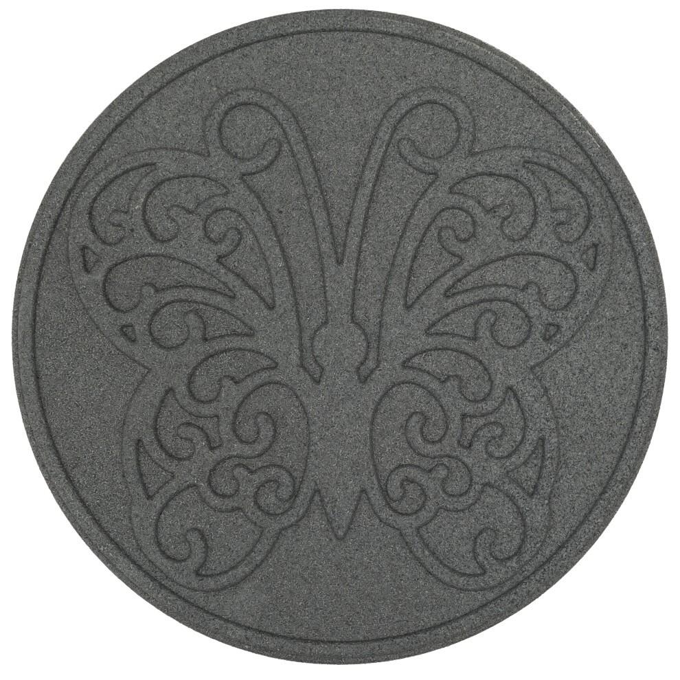 Grey circular stepping stone featuring an intricately designed butterfly pattern, made of durable material, suitable for garden pathways, sold in a pack of four.