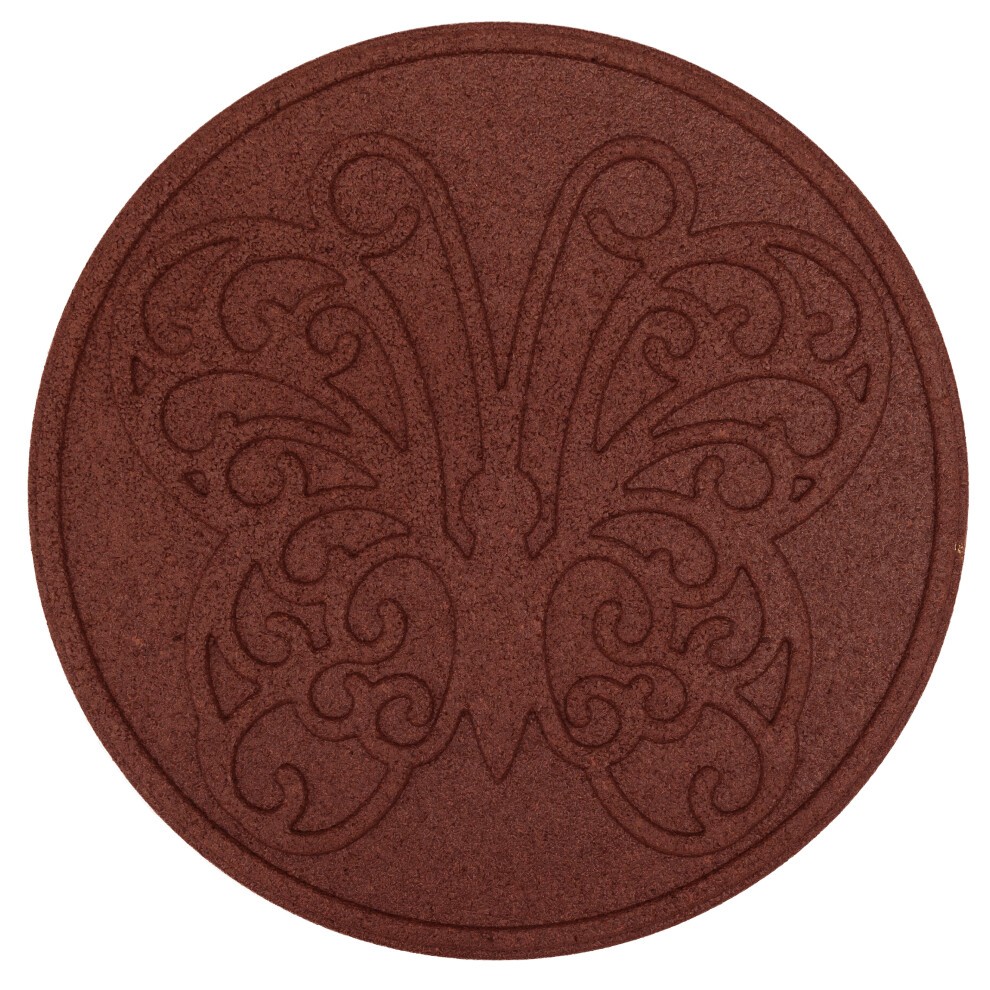 Terracotta butterfly stepping stone featuring intricate swirl patterns, circular shape, and rich reddish-brown color, packaged in a set of four for garden decoration.