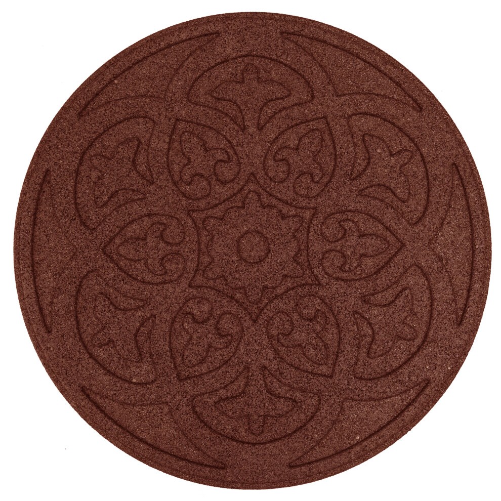 Teracotta circular stepping stone featuring an intricate scroll design with floral patterns, made from durable material, available in a pack of four.