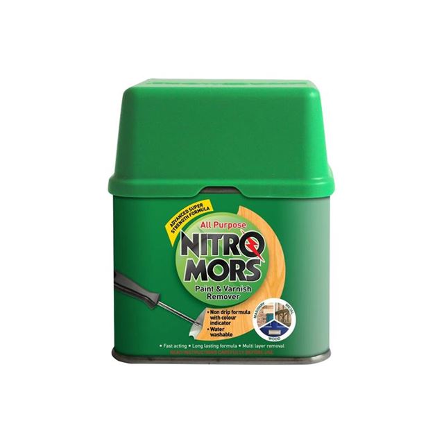Green metal tin with a tight-fitting lid, labeled "NITROMORS" in bold letters, featuring details about its all-purpose paint and varnish remover formula.