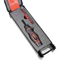 Black and red Norbar torque screwdriver kit with hex bits in a foam-lined black case.
