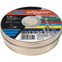 Norton Clipper cutting disc in a round metal tin, labeled for multi-material use with colorful icons.