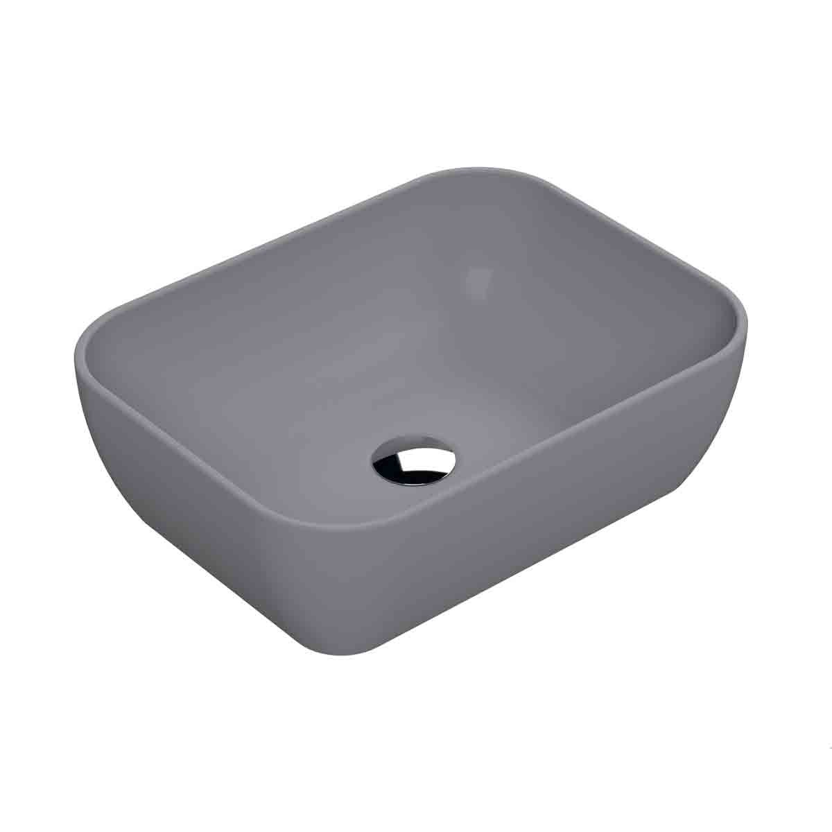 Square vessel sink in grey, measuring 455 x 325 x 135mm, featuring a smooth matte finish and a central drain hole for easy installation.