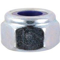 Nylon lock nut by Timco, bright zinc plated, hexagonal shape with blue nylon insert.