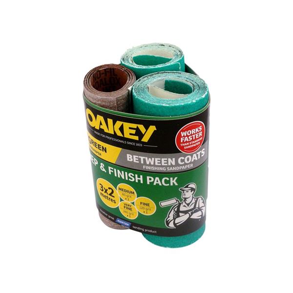 Three rolls of Oakey sanding paper in a triple pack, featuring green and brown colors, labeled for medium and fine sanding, designed for finishing coats.