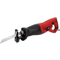 Red and black Olympia RS900 reciprocating saw with a silver blade and ergonomic handle.