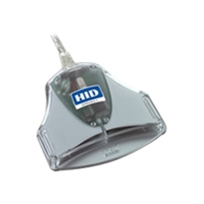 Omnikey 3021 USB smart card reader features a transparent gray plastic casing with a HID logo, designed for easy installation and use with smart cards.