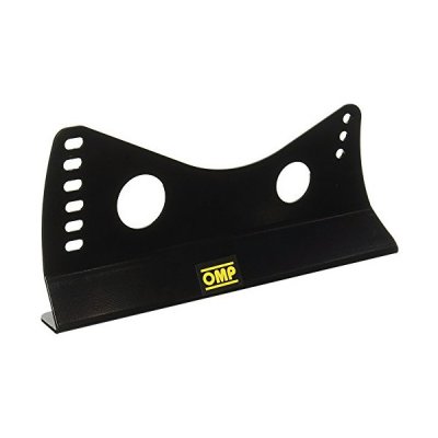 Tall black steel brackets featuring a curved design with two circular cutouts and multiple adjustment holes, branded with a yellow OMP logo.