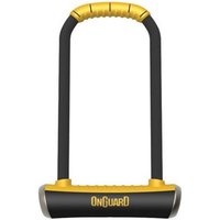 Black and yellow OnGuard Pitbull U-Lock with gold Sold Secure rating, featuring a sturdy shackle and branded crossbar.