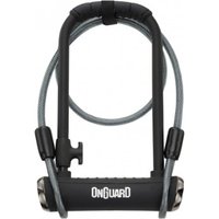 Black OnGuard X Pitbull DT 8005 U-Lock with silver accents and attached gray security cable.