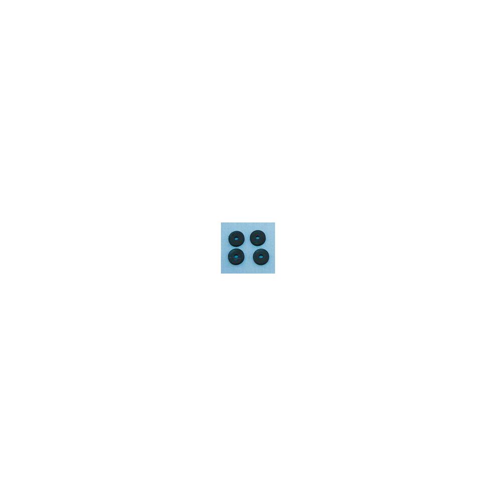 Four black flat tap washers arranged in a square on a light blue background, designed for plumbing use, made from durable rubber material.