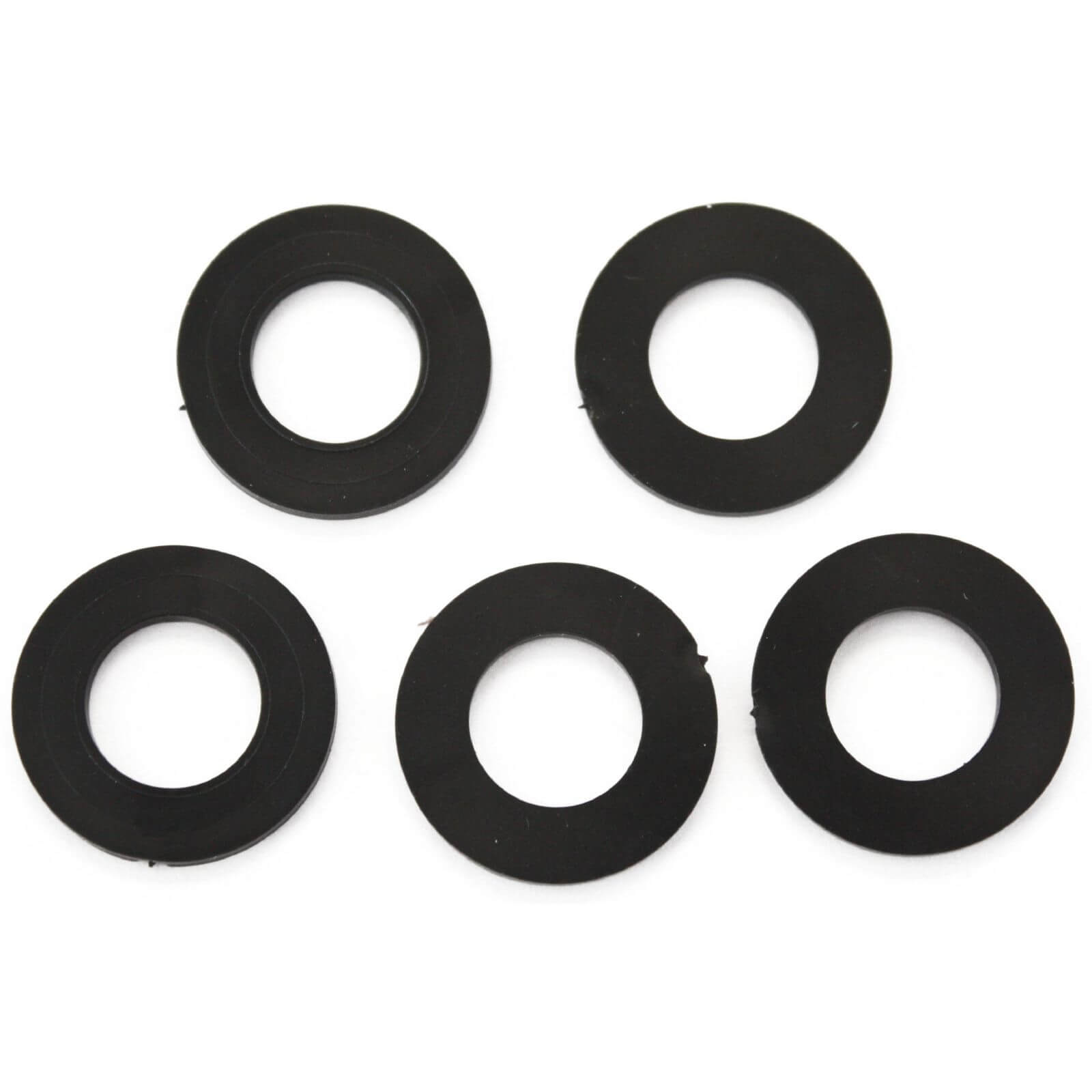Five black rubber hose union washers, each with a central hole and a flat surface, designed for 1/2" connections, packaged together by Oracstar.