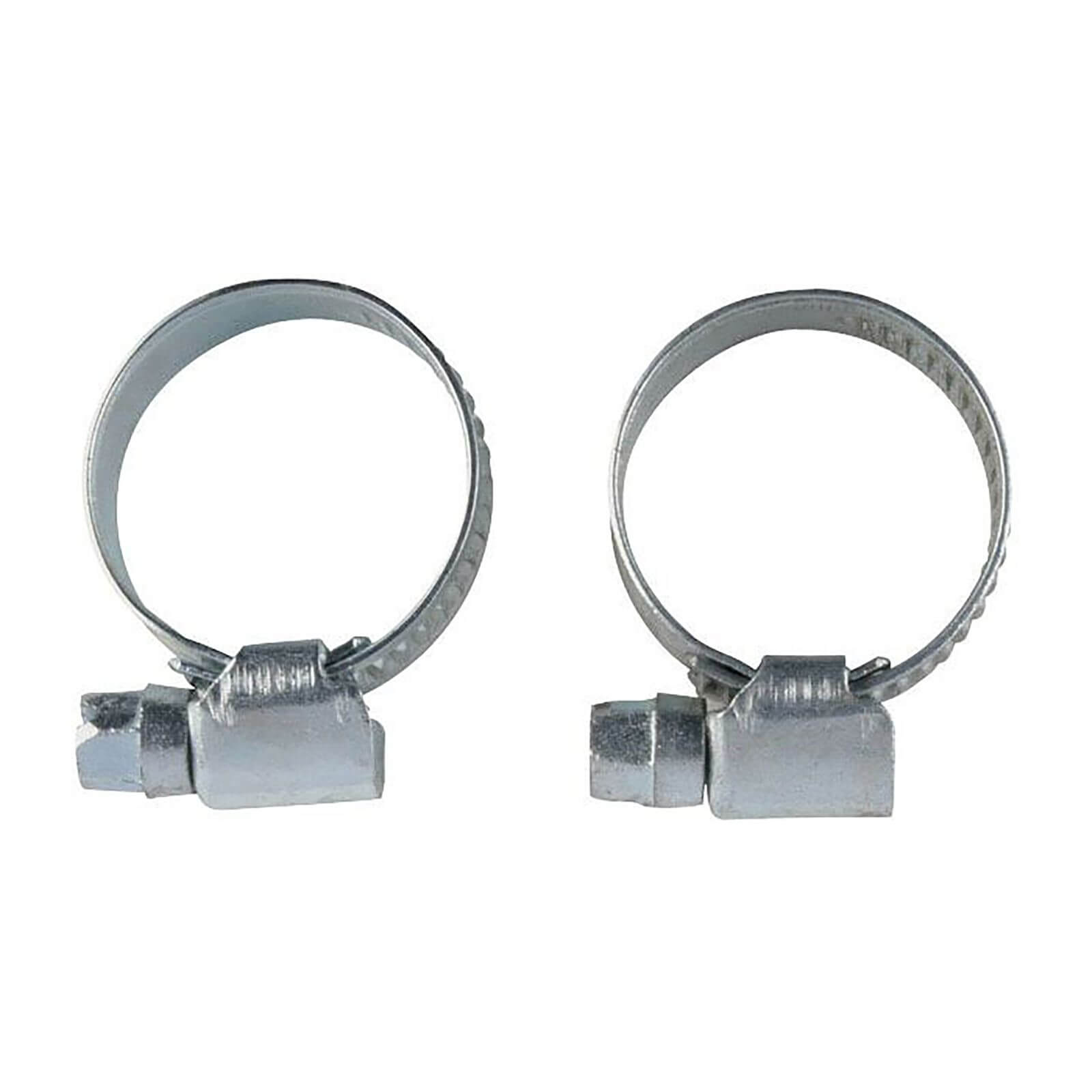 Two silver metal hose clips, each with a 13mm diameter, featuring a screw mechanism for tightening and a textured band for grip.