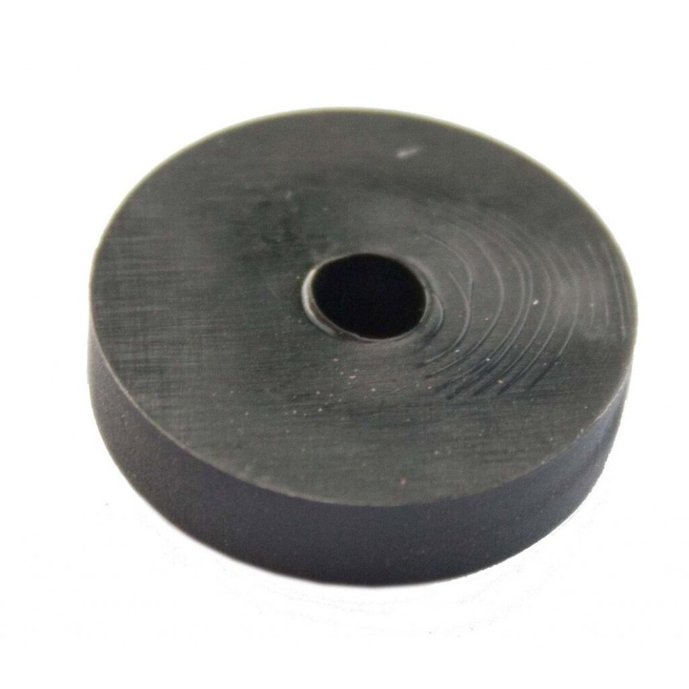 Black rubber flat tap washer, 3 3/4 inches in diameter, featuring a central hole and smooth surface, designed for plumbing applications.