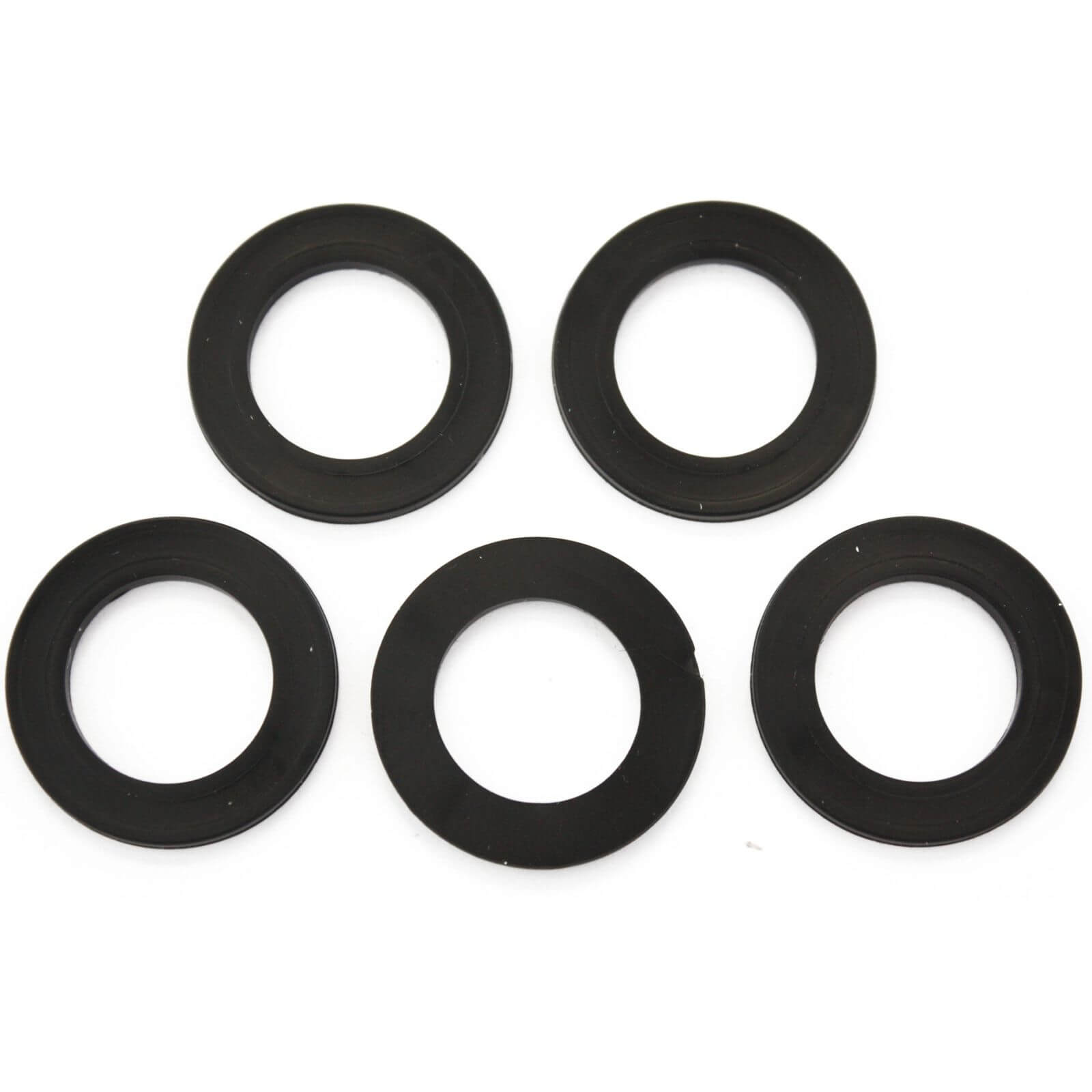Five black rubber hose union washers with a smooth surface and circular shape, designed for a 3/4 inch fitting, showcasing durability and flexibility.
