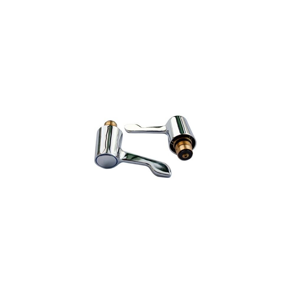 Two chrome lever tap tops with a shiny finish, featuring a smooth lever design and brass fittings, ideal for plumbing applications.