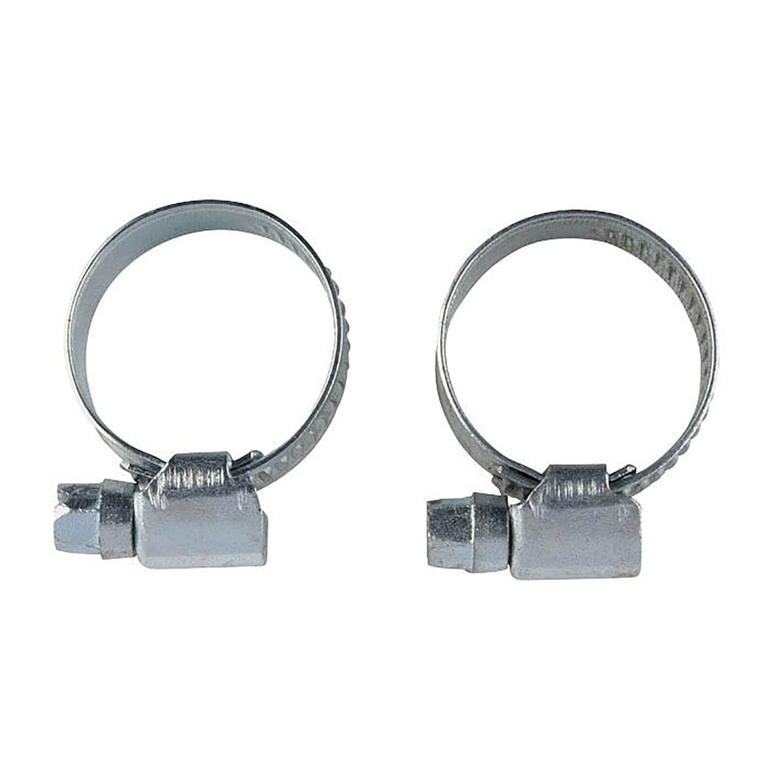 Two silver metal hose clips, each featuring a screw mechanism for tightening, designed to secure hoses with a diameter of 17mm.