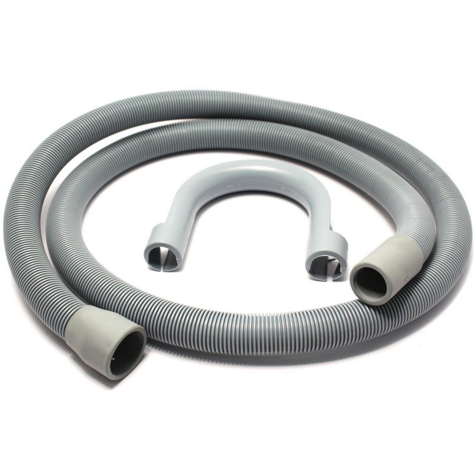 Gray flexible outlet hose measuring 1.5m with ribbed texture, featuring two end connectors and a U-shaped connector for easy installation.