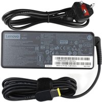 Black Lenovo 90W power adapter with rectangular body, attached cables, and European plug.
