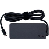 Black Lenovo power adapter with 65W label, rectangular shape, and attached cable with USB-C connector.
