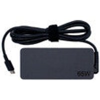Black Lenovo power adapter with rectangular shape, 65W label, and attached cable with USB-C connector.