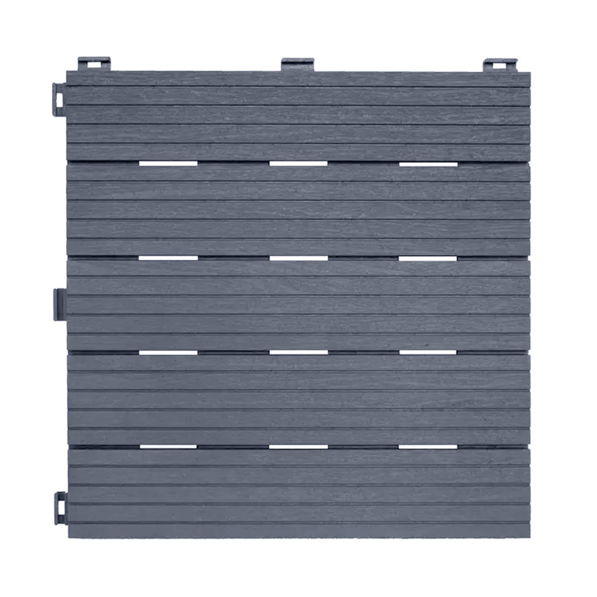 Pack of 10 eco-friendly interlocking decking tiles in cool grey, each measuring 30x30 cm, featuring a textured surface and durable material for outdoor use.