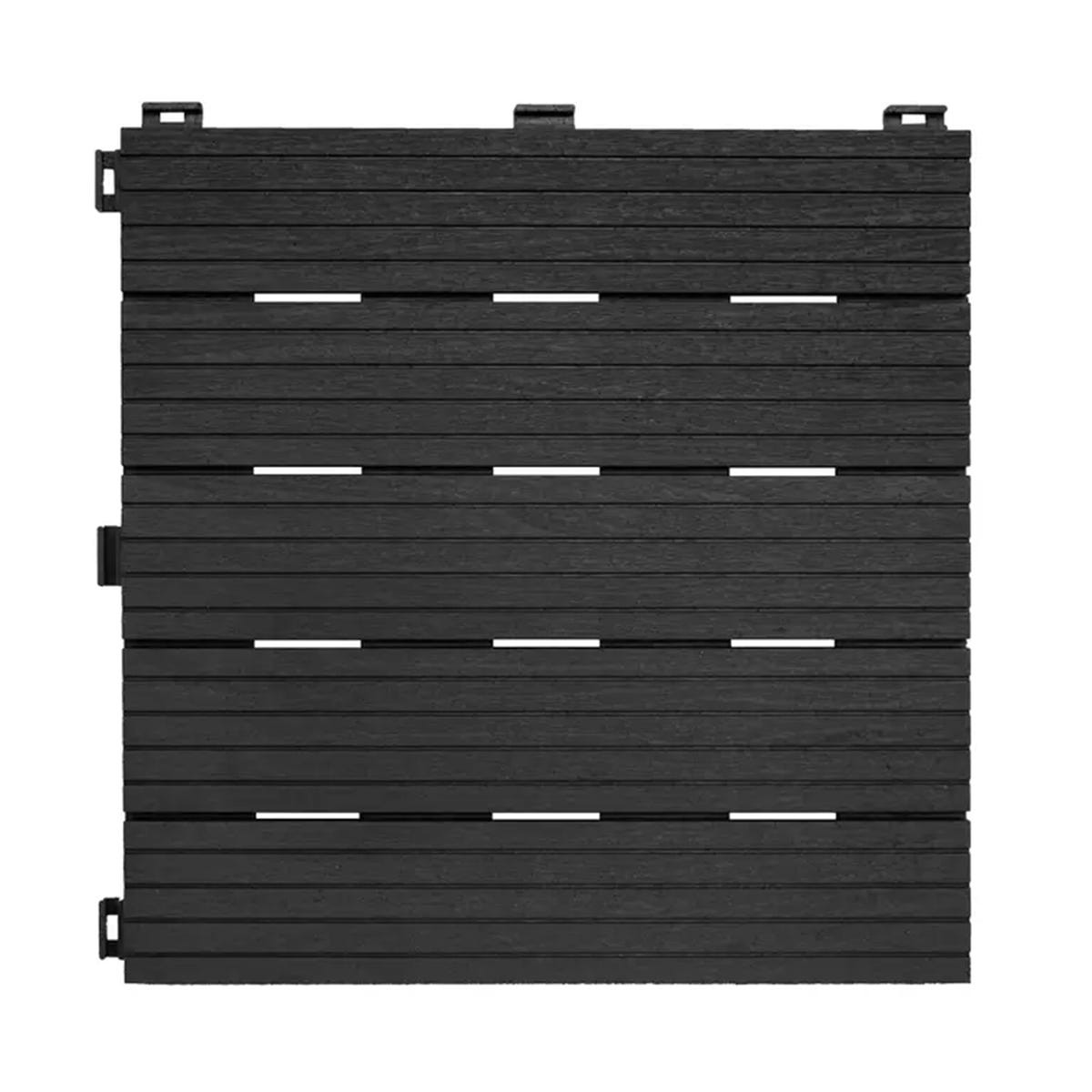 Graphite grey eco interlocking decking tile, measuring 30x30 cm, featuring a textured surface with slats and interlocking edges for easy installation, sold in a pack of 10.