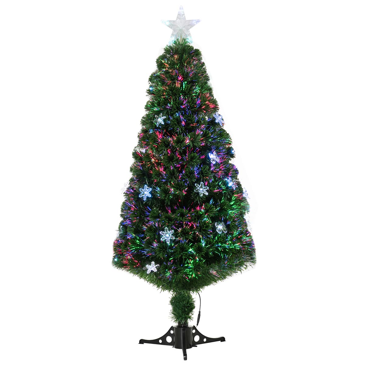 5FT artificial Christmas tree with green fiber optic branches, multicolored LED lights, and a star topper, featuring snowflake decorations and a black stand.