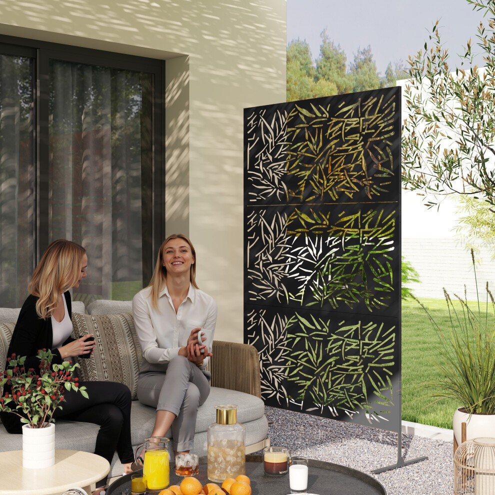 Decorative outdoor privacy panel in black bamboo design with a sturdy stand, featuring intricate leaf patterns, ideal for enhancing outdoor spaces.