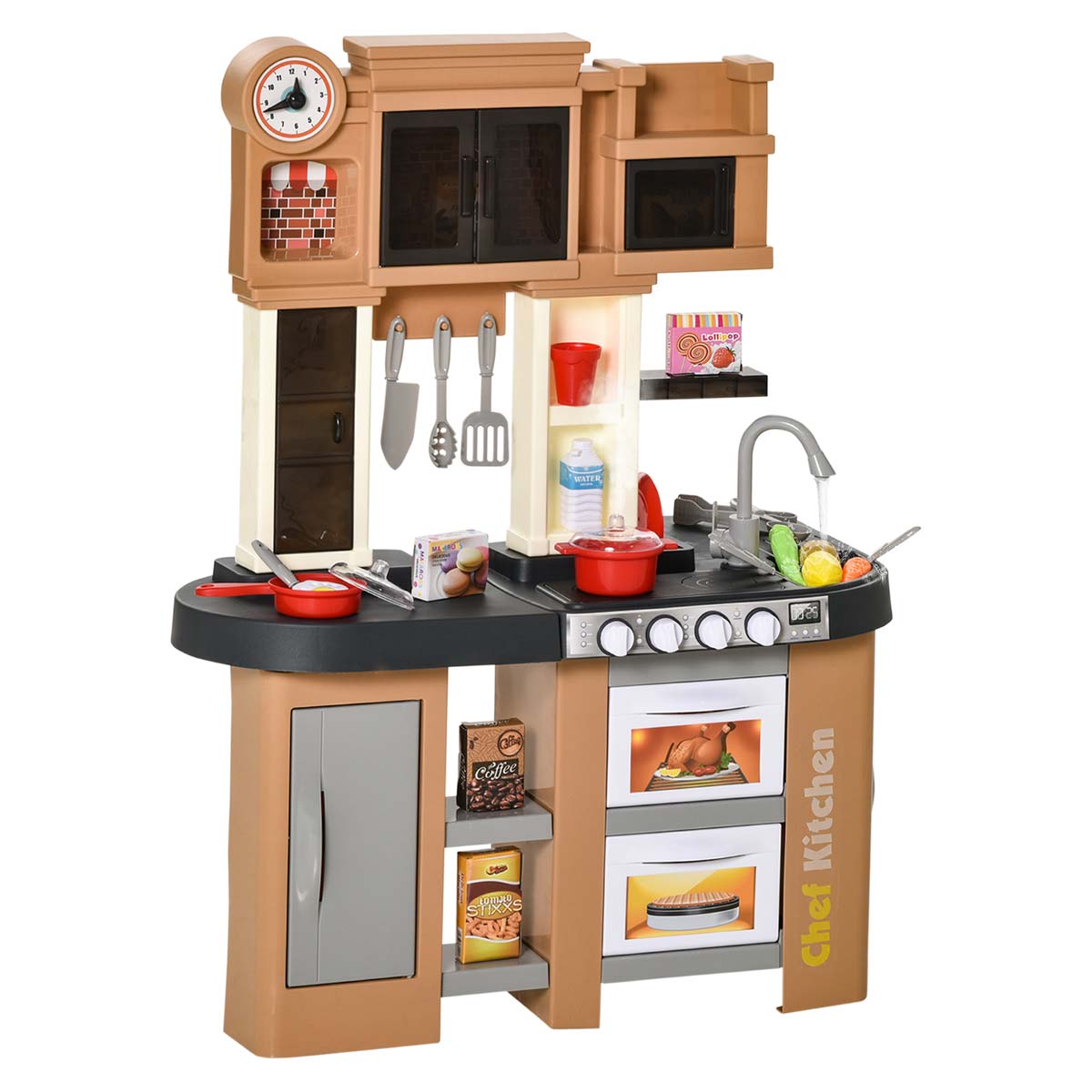 Colorful kids' kitchen playset featuring a black countertop, beige cabinets, a water faucet, cooking utensils, pots, and food items, designed for children aged 3-6 years.