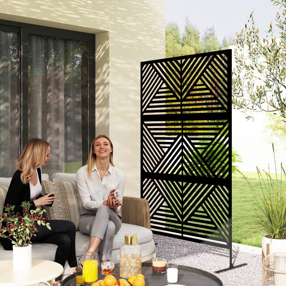 Decorative black rhombus-patterned outdoor privacy panel with a sturdy stand, designed for stylish separation in outdoor spaces, featuring a modern geometric design.
