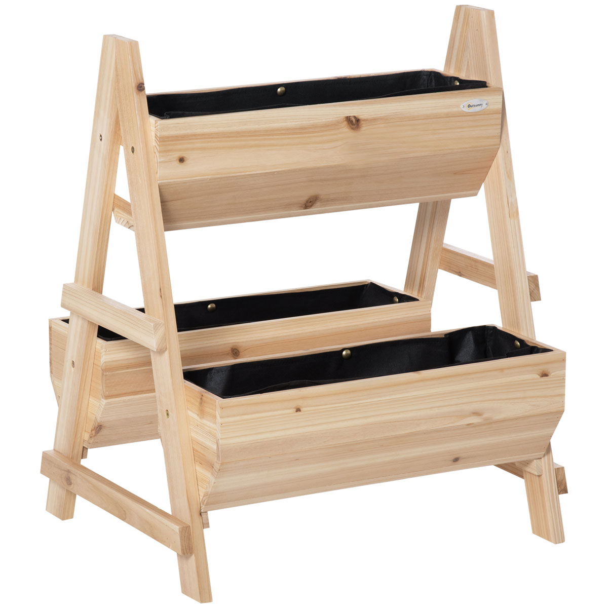 Wooden planter box with three tiers, featuring a natural wood finish, black fabric liners, and a sturdy A-frame design for gardening or decorative use.