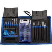 OWC 72-piece toolkit with screwdrivers, pry tools, tweezers, and black carrying case with blue accents.