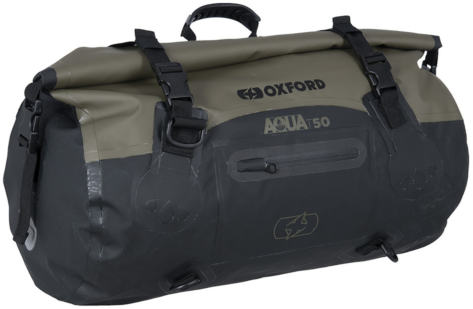 Black and olive waterproof roll bag by Oxford, featuring a 50L capacity, sturdy handles, adjustable straps, and a secure buckle closure.