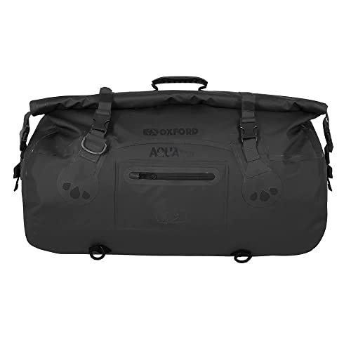 Black waterproof tail bag by Oxford, featuring a roll-top closure, adjustable straps, and a front zip pocket with water-resistant zippers.