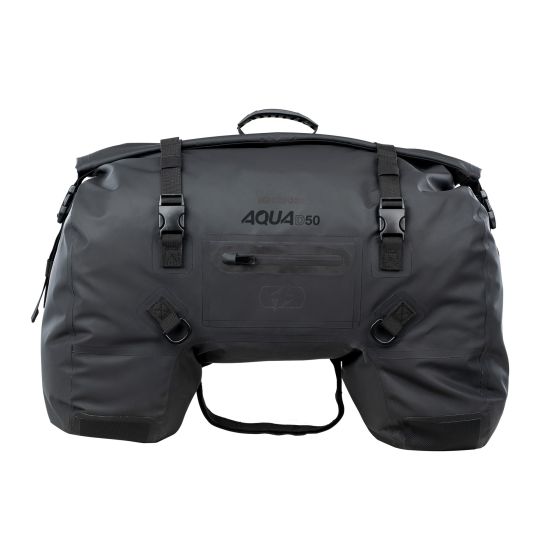 Black waterproof Oxford Aqua D-50 duffle bag featuring adjustable straps, a sturdy handle, and a spacious interior with a roll-top closure for secure storage.