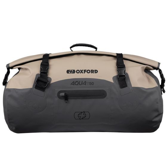 Desert grey waterproof Oxford Aqua T-50 roll bag with a 50L capacity, featuring a sturdy design, adjustable straps, and a front zip pocket for easy access.