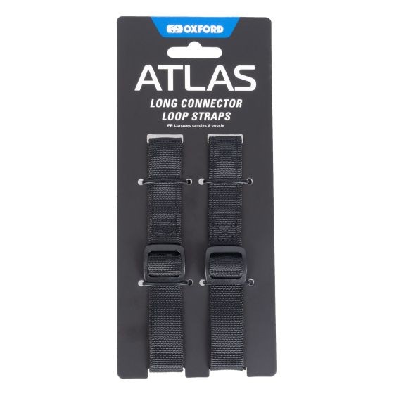 Black nylon long connector loop straps with adjustable buckles, packaged on a branded card labeled "Oxford Atlas."