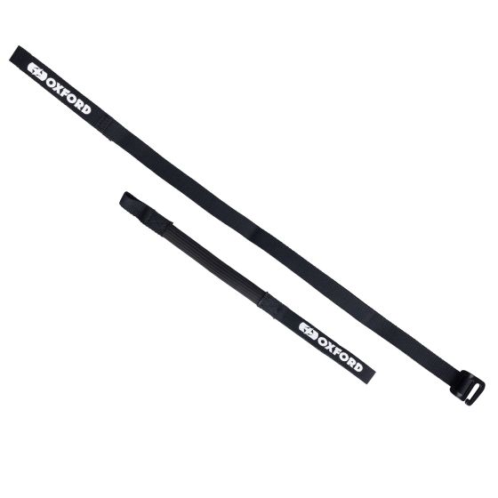 Black Oxford Atlas G-Hook self-tensioning straps, featuring durable material, measuring 17 mm x 2, with a prominent white logo and a secure fastening mechanism.