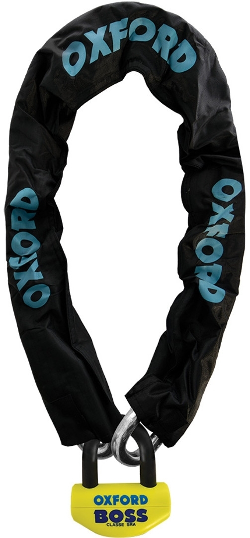 Black chain lock with blue "OXFORD" branding, featuring a sturdy yellow padlock at the end, measuring 150 cm in length, designed for secure locking.