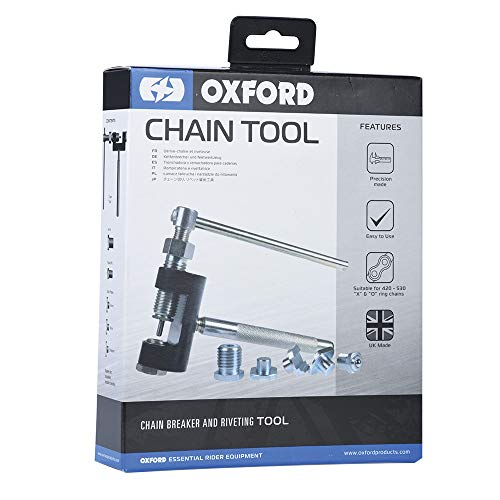 Oxford Chain Breaker & Rivet Tool Set in a sleek black and blue packaging, featuring a metal tool with a silver handle and various attachments for chain maintenance.
