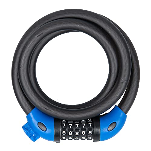 Black flexible cable lock with a 12mm diameter, featuring a blue plastic head and a combination dial with numbered dials for code entry.