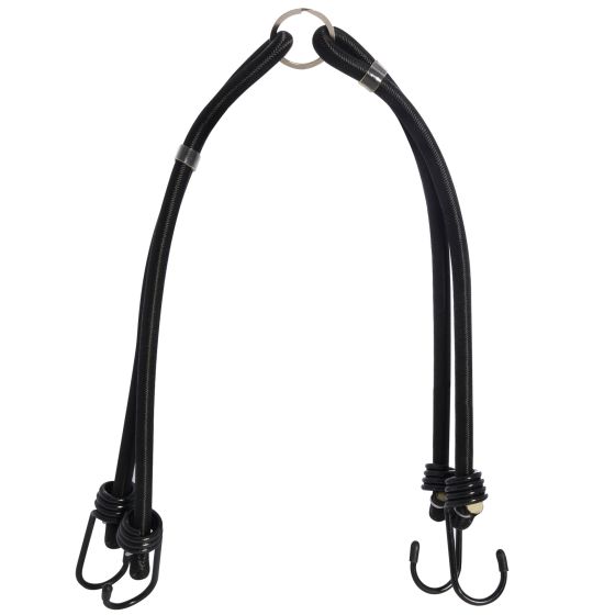 Black double bungee strap system featuring durable elastic material, metal hooks at both ends, and a central metal ring for secure attachment.