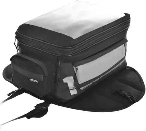 Black Oxford OL442 tank bag with a spacious main compartment, reflective strips, side pockets, and a weather-resistant design, ideal for motorcycle use.
