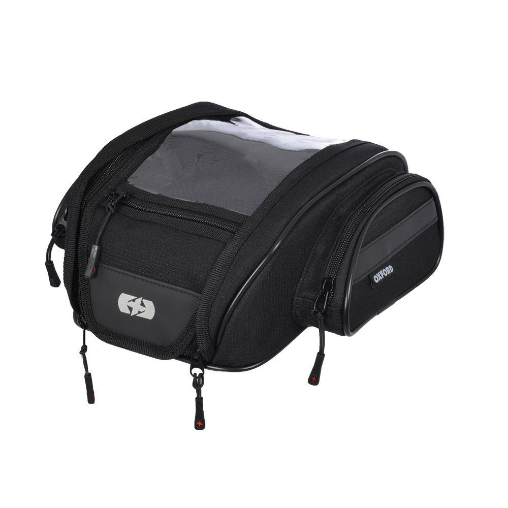Black Oxford Mini OL440 Tank Bag with a magnetic base, 7 liters capacity, featuring a transparent top pocket, robust zippers, and a sleek design for men.
