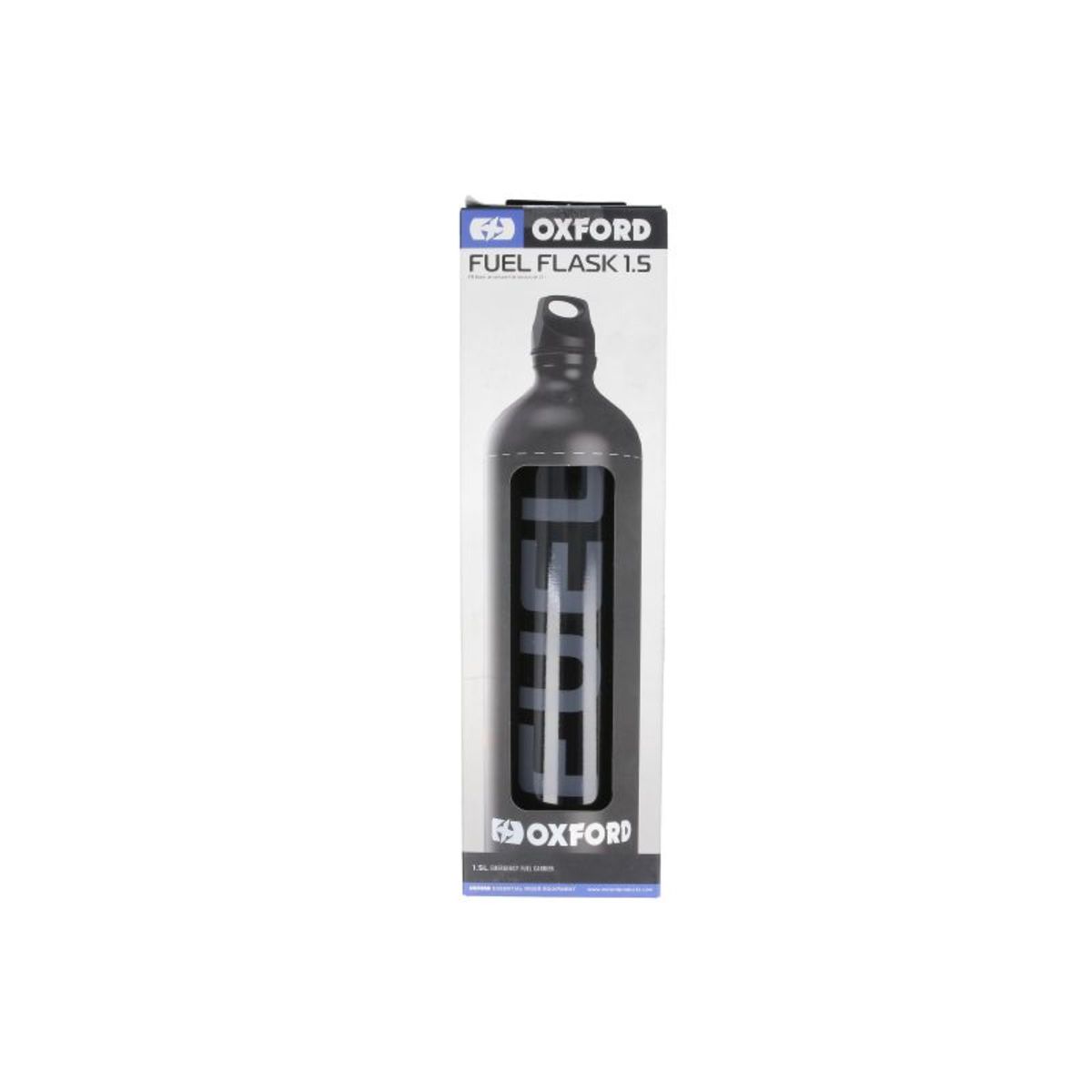 Black Oxford Fuel Flask, 1.5L size, featuring a sleek design with a prominent "FUEL" logo in blue, packaged in a stylish box.