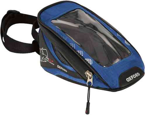 Blue Oxford M1R Micro Motorcycle Tank Bag with a clear top pocket, zippered closure, and adjustable strap, designed for compact storage and easy access.