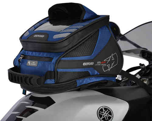 Blue and black Oxford OL257 tank bag featuring a textured exterior, zippered compartments, and a padded top, designed for motorcycle use.