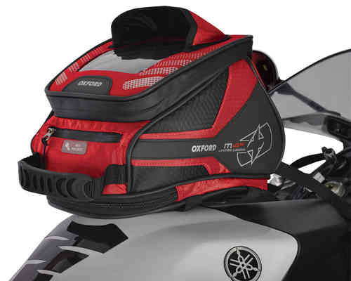 Red Oxford M4R Tank 'n' Tailer 4L motorcycle tank bag with a textured finish, featuring a clear top pocket, adjustable straps, and a sleek design for easy attachment.